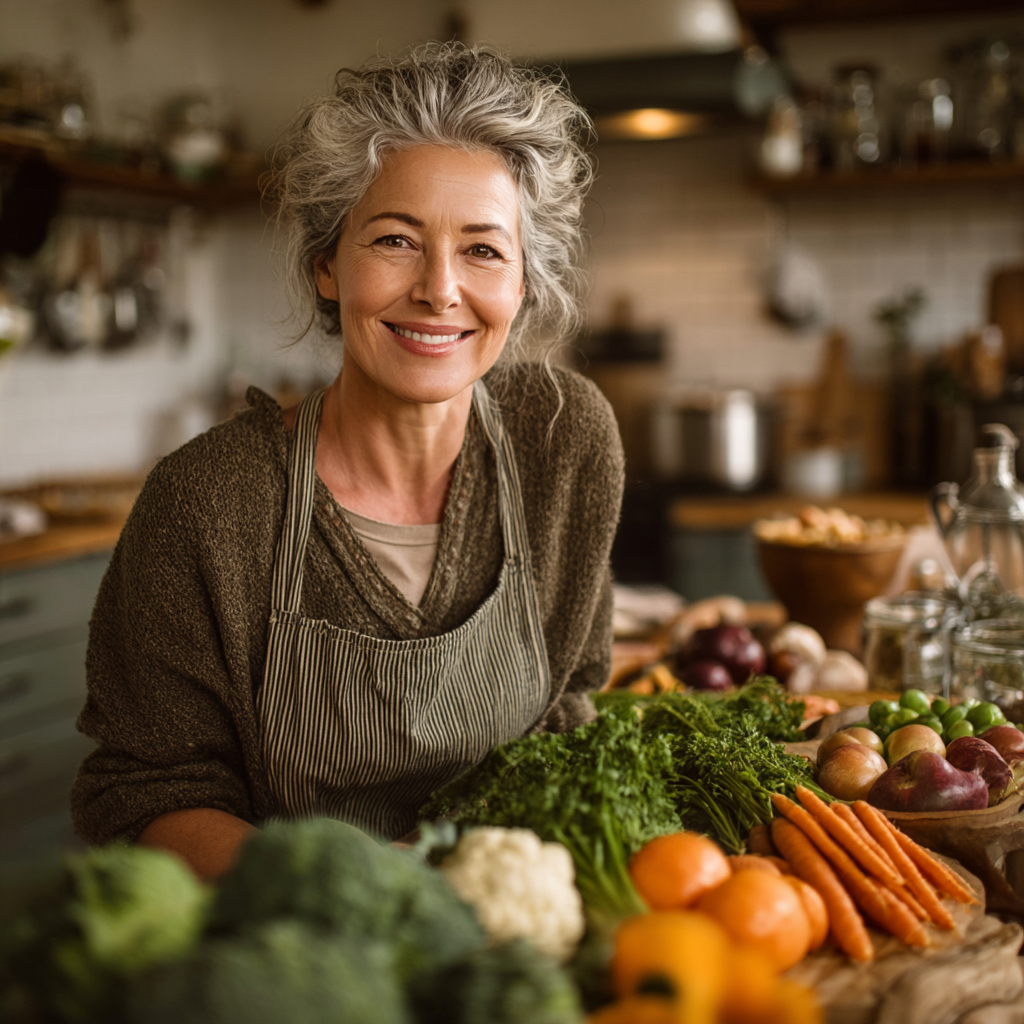 Confident middle-aged woman in her kitchen preparing healthy vegetables and fruits, smiling while organizing nutritious ingredients for meal planning