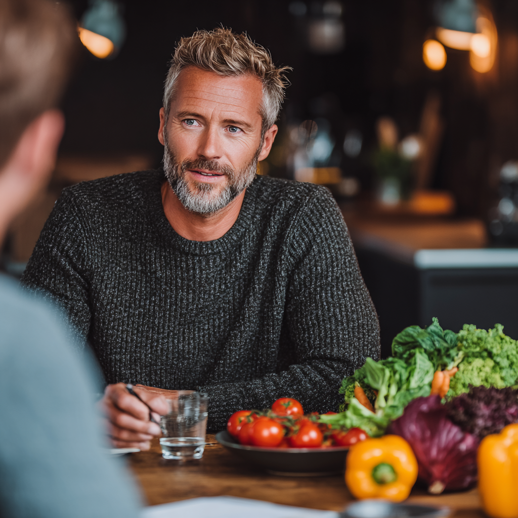Professional nutritionist man in his forties consulting with client, discussing healthy meal planning and nutrition goals in modern office setting